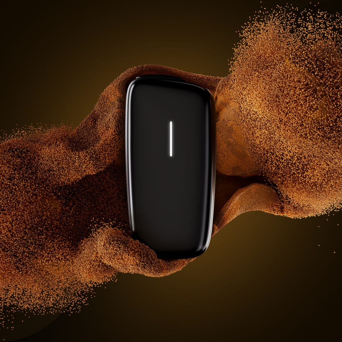 Ploom X Advanced Black visual against a black background with orange particles