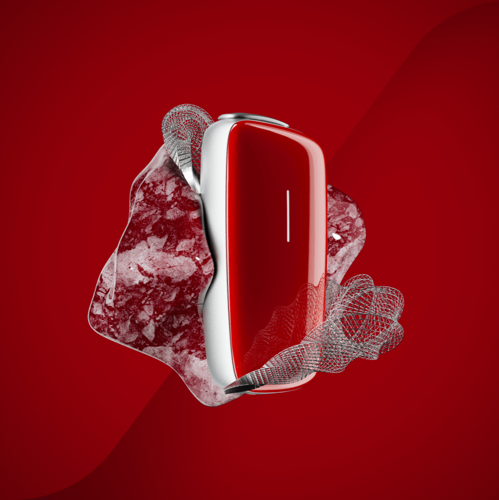 Qırmızı fonda təqdim olunan Ploom X Advanced Lava Red ön panel vizualı